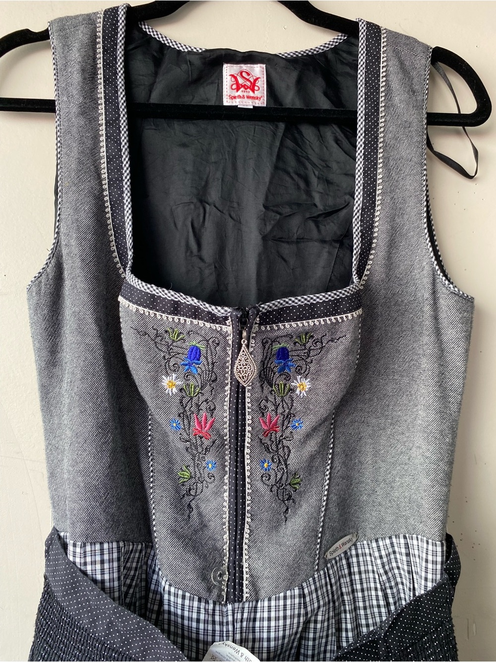 Spieth & Wensky German Dirndl Dress 40 US 8 Grey Floral Gingham Oktoberfest - Picture 4 of 16